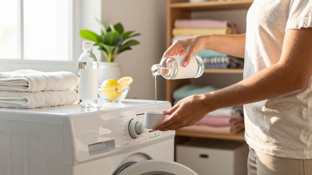 Personne versant du liquide dans un doseur devant un lave-linge dans une buanderie lumineuse.