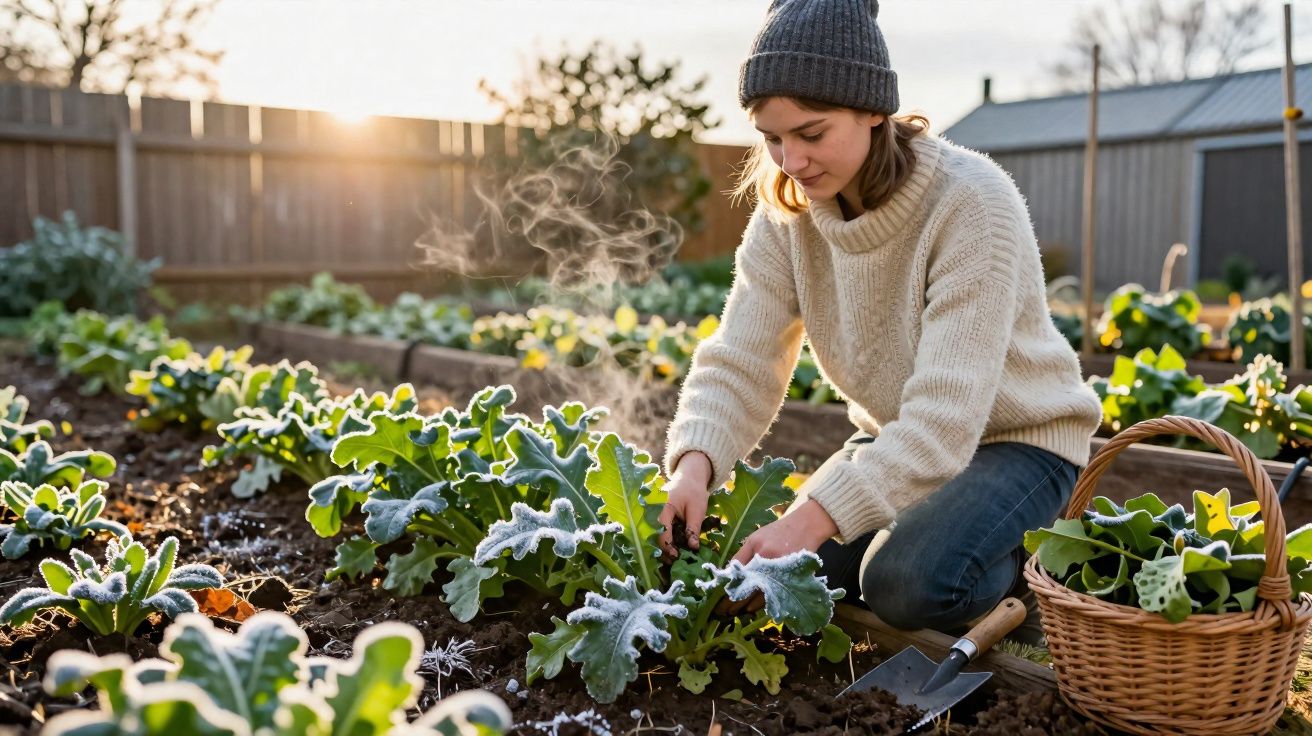 Femme en pull et bonnet plantant ou récoltant des légumes avec du givre dans un jardin au matin.