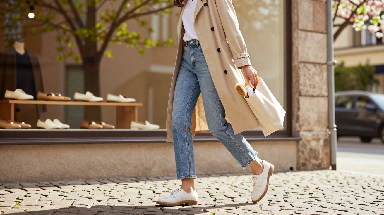 Femme vêtue d’un trench beige et jean bleu, portant un sac en tissu, marchant près d’une vitrine de chaussures.