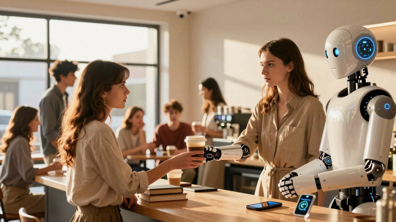 Femme recevant un café d’un robot dans un café moderne avec d’autres clients en arrière-plan.