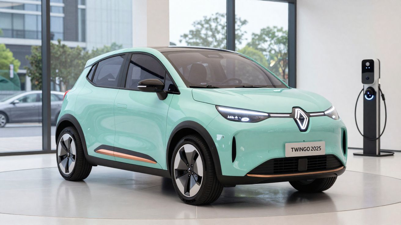 Voiture électrique Renault Twingo 2025 verte exposée en showroom avec borne de recharge à côté.