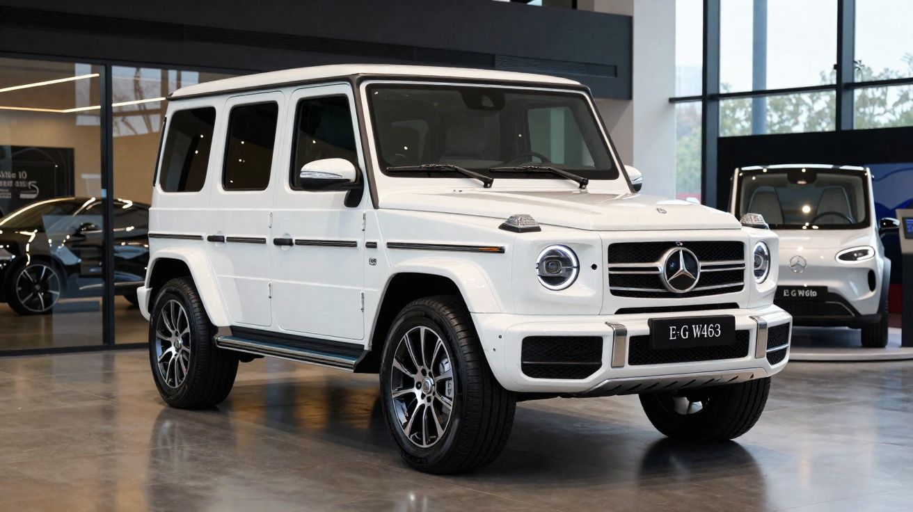 Mercedes-Benz G-Class blanche exposée en intérieur, vue trois-quarts avant avec intérieur showroom moderne.