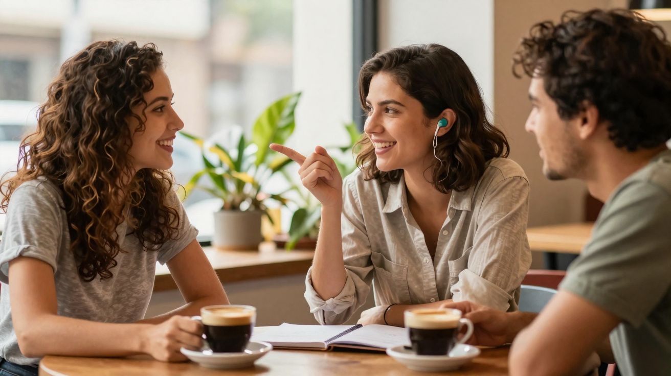 Trois amis discutent et sourient autour de tasses de café dans un café lumineux.