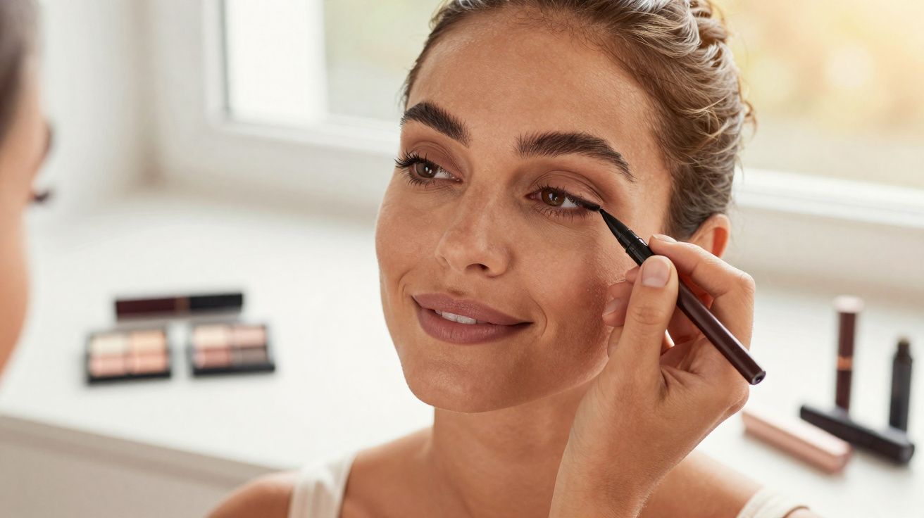 Femme souriante appliquant un eye-liner noir sur la paupière dans une pièce lumineuse.
