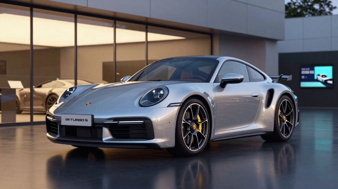 Voiture de sport Porsche 911 Turbo S grise garée devant un bâtiment moderne vitré.