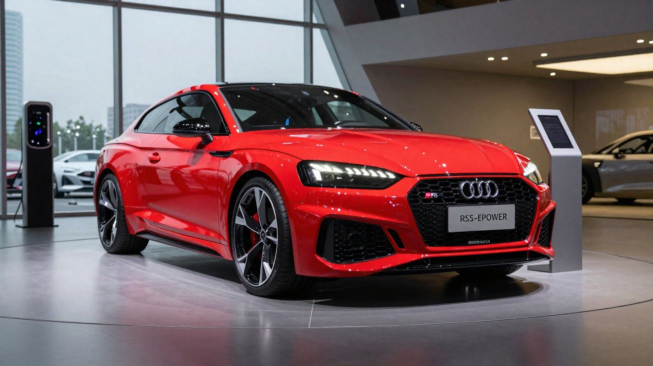 Voiture sportive rouge Audi RS5 exposée dans un showroom moderne avec grandes fenêtres.