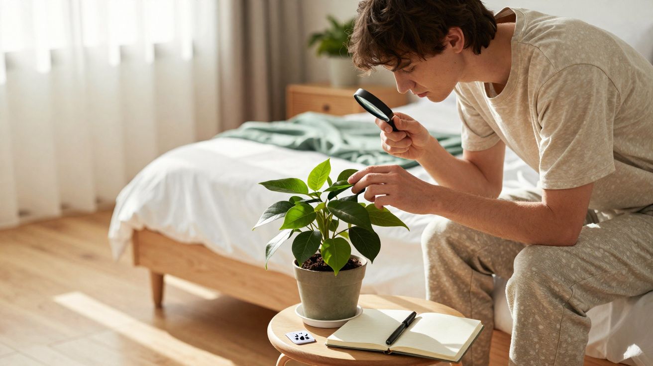 Jeune homme inspectant une plante verte en pot avec une loupe dans une chambre lumineuse.