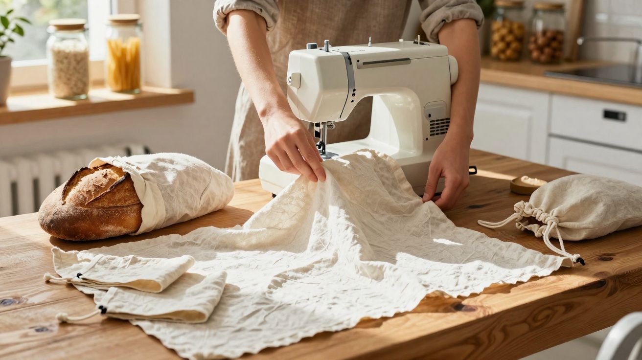 Personne utilisant une machine à coudre pour fabriquer un sac en tissu réutilisable dans une cuisine lumineuse.