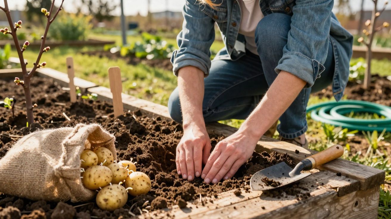 Personne plantant des pommes de terre dans un potager avec un sac de pommes de terre et une truelle à côté.