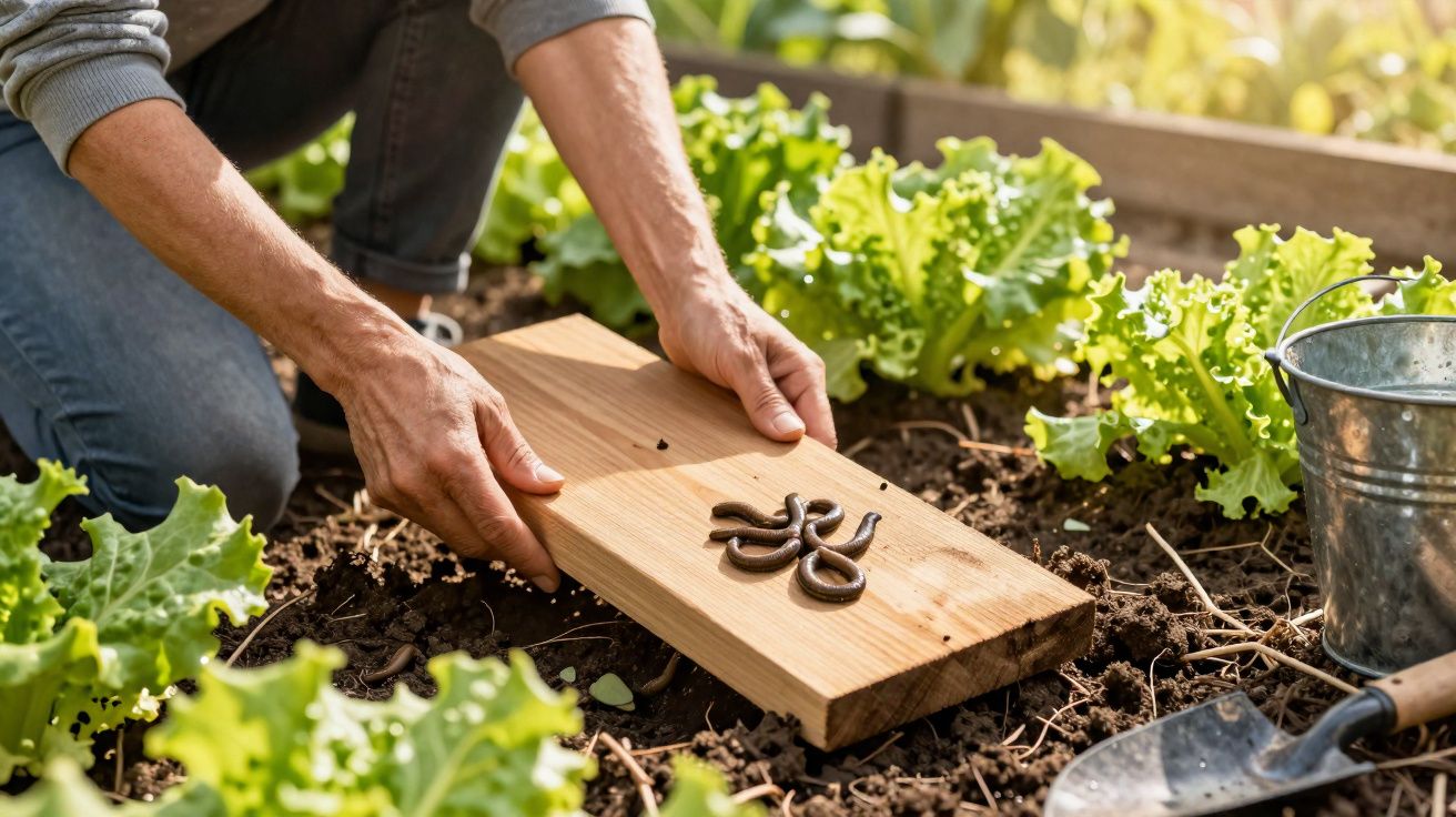 Une personne place une planche en bois avec des vers de terre sur un sol de jardin entouré de laitues.