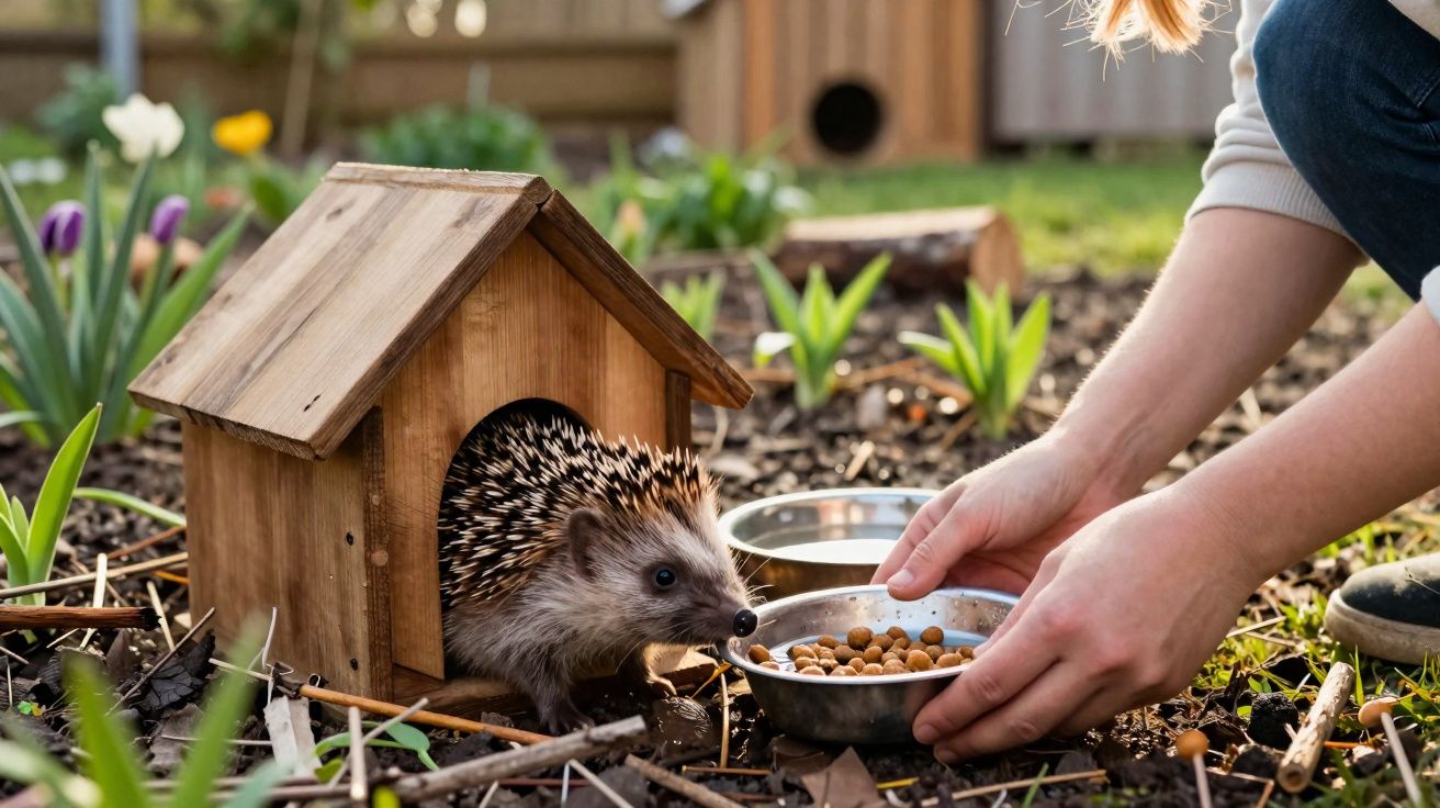 Un hérisson sort d'une maisonnette en bois pendant qu'une personne lui donne à manger dans un jardin.