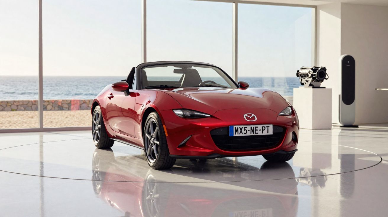 Voiture décapotable rouge Mazda MX-5 dans une pièce avec vue sur la mer par de grandes fenêtres.