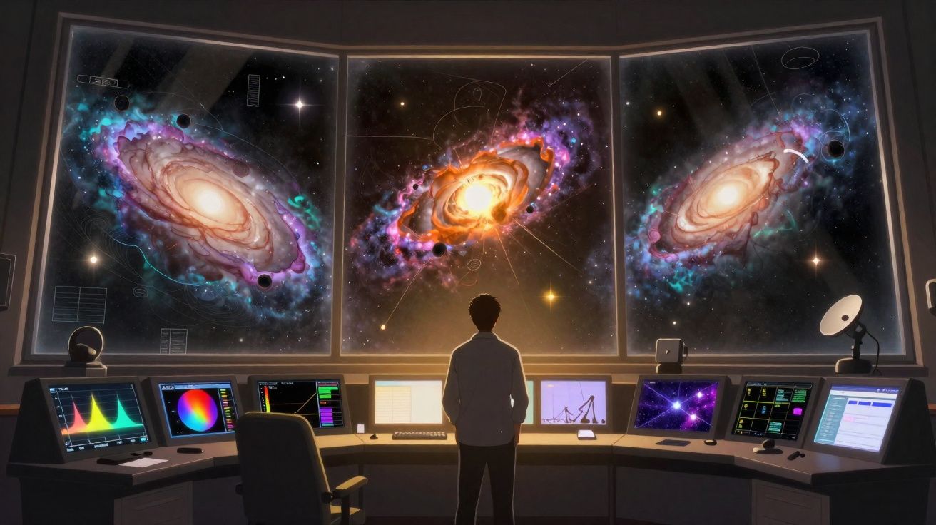 Un scientifique observe trois galaxies colorées à travers une grande baie vitrée dans un centre spatial high-tech.