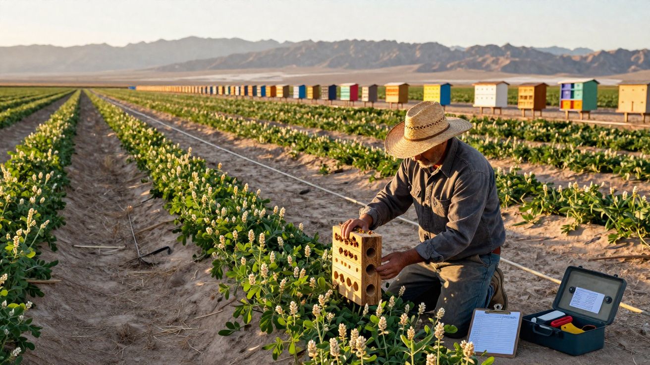 Agriculteur en chapeau surveillant des ruches dans un champ fleuri avec montagnes en arrière-plan au coucher du soleil.
