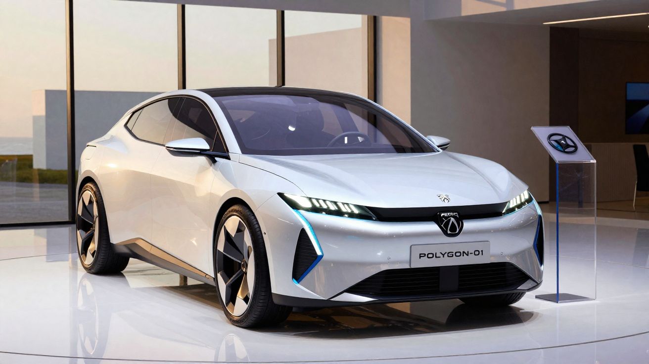 Voiture électrique futuriste blanche, modèle Polygon-01, exposée dans un showroom moderne avec grandes baies vitrées.