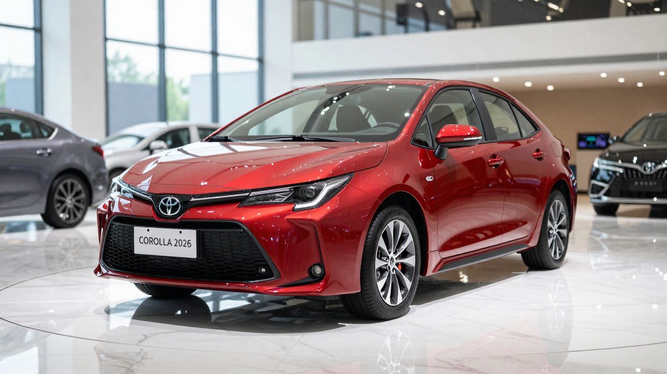Voiture Toyota Corolla 2026 rouge exposée dans un showroom moderne avec sol en marbre blanc.