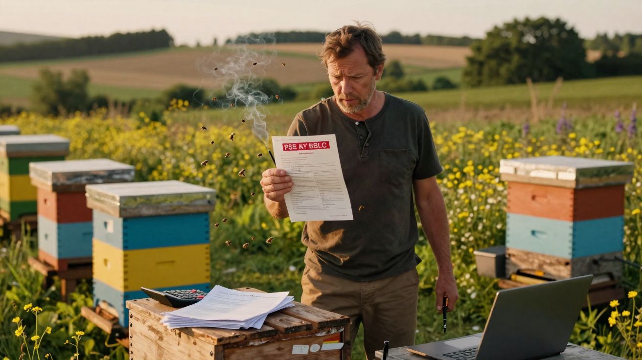 Un apiculteur dans un champ de fleurs regardant un document en feu entouré d'abeilles près de ruches colorées.