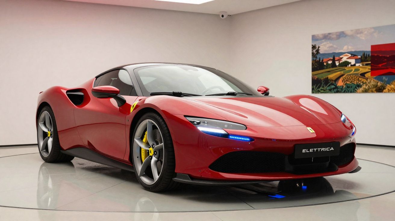 Voiture de sport Ferrari rouge électrique exposée en intérieur avec lumière LED bleue et jantes argentées.