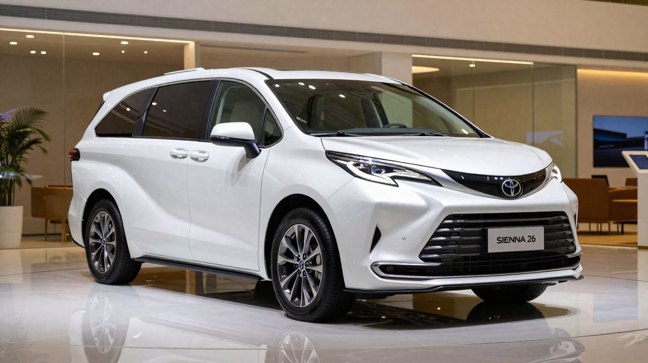 Monospace blanc Toyota Sienna 26 exposé en intérieur, vue trois-quarts avant droite.