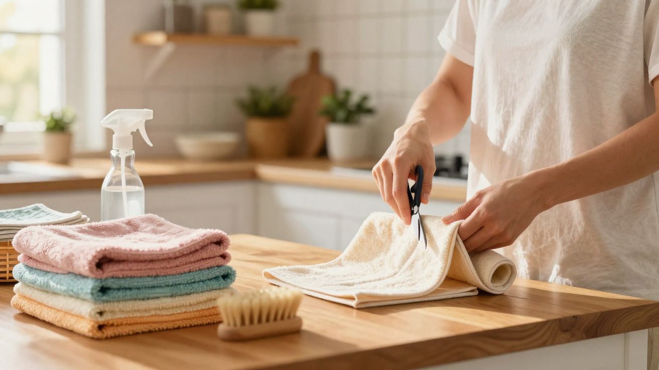 Personne coupant un tissu beige sur une table en bois dans une cuisine lumineuse avec des chiffons pliés.