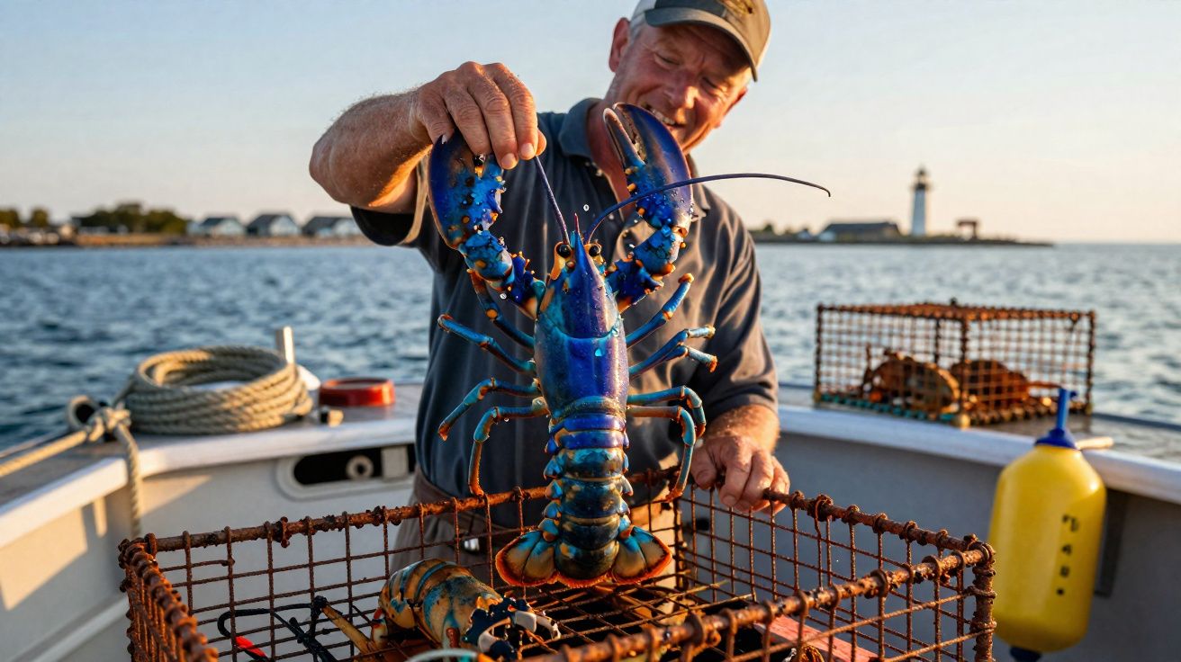 Pêcheur tenant une grosse langouste bleue sur un bateau avec un phare en arrière-plan au coucher du soleil.