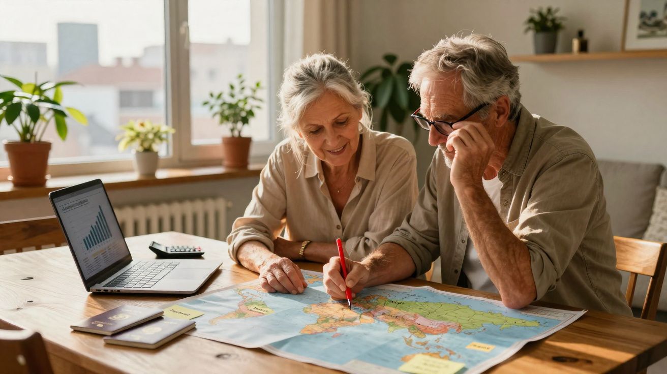 Couple senior planifiant son voyage avec une carte sur une table, entouré d'un ordinateur portable et de passeports.