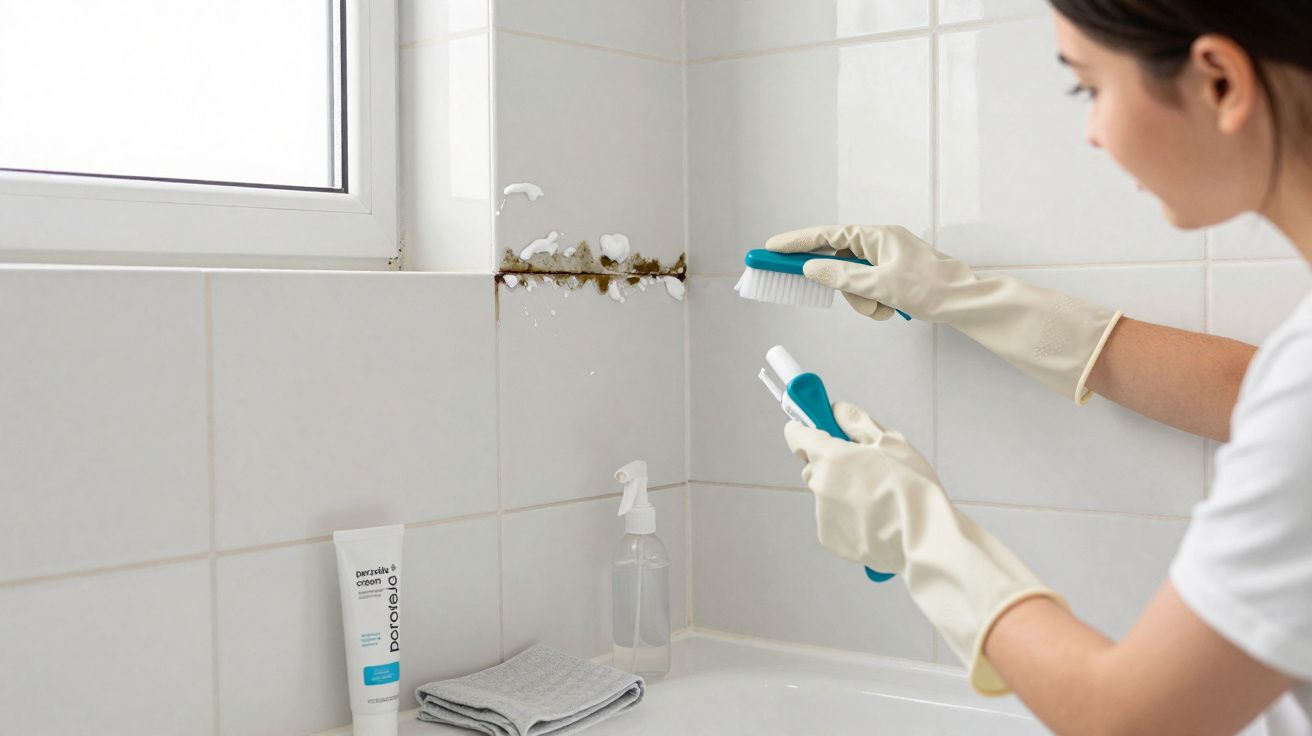 Personne en gants nettoyant des carreaux de salle de bains avec une brosse près de moisissures.
