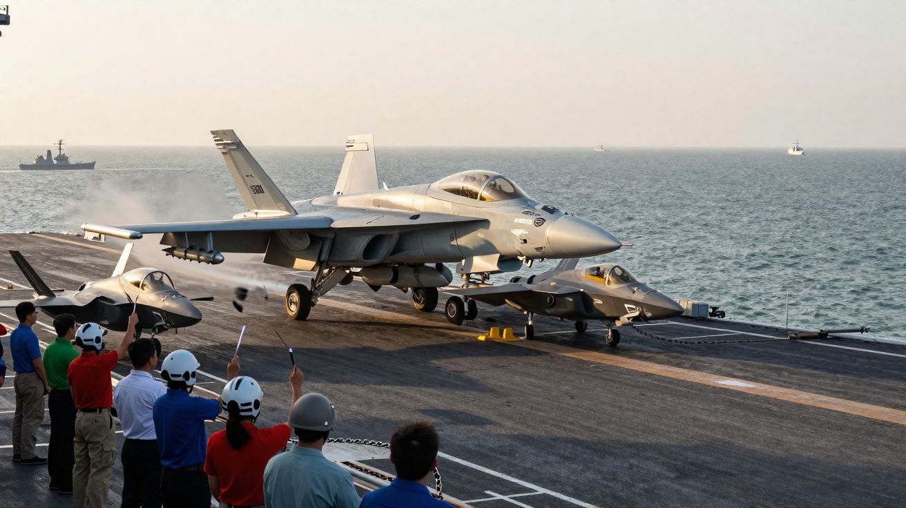 Un avion de chasse sur un porte-avions avec plusieurs membres d’équipage sur le pont au bord de la mer.