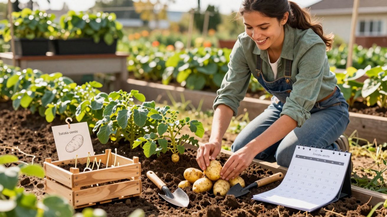 Jeune femme récoltant des pommes de terre dans un jardin potager en pleine journée ensoleillée.