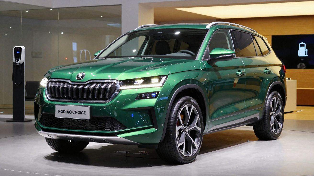 Véhicule SUV vert métallisé Skoda Kodiaq Choice exposé en intérieur avec borne de recharge électrique visible.