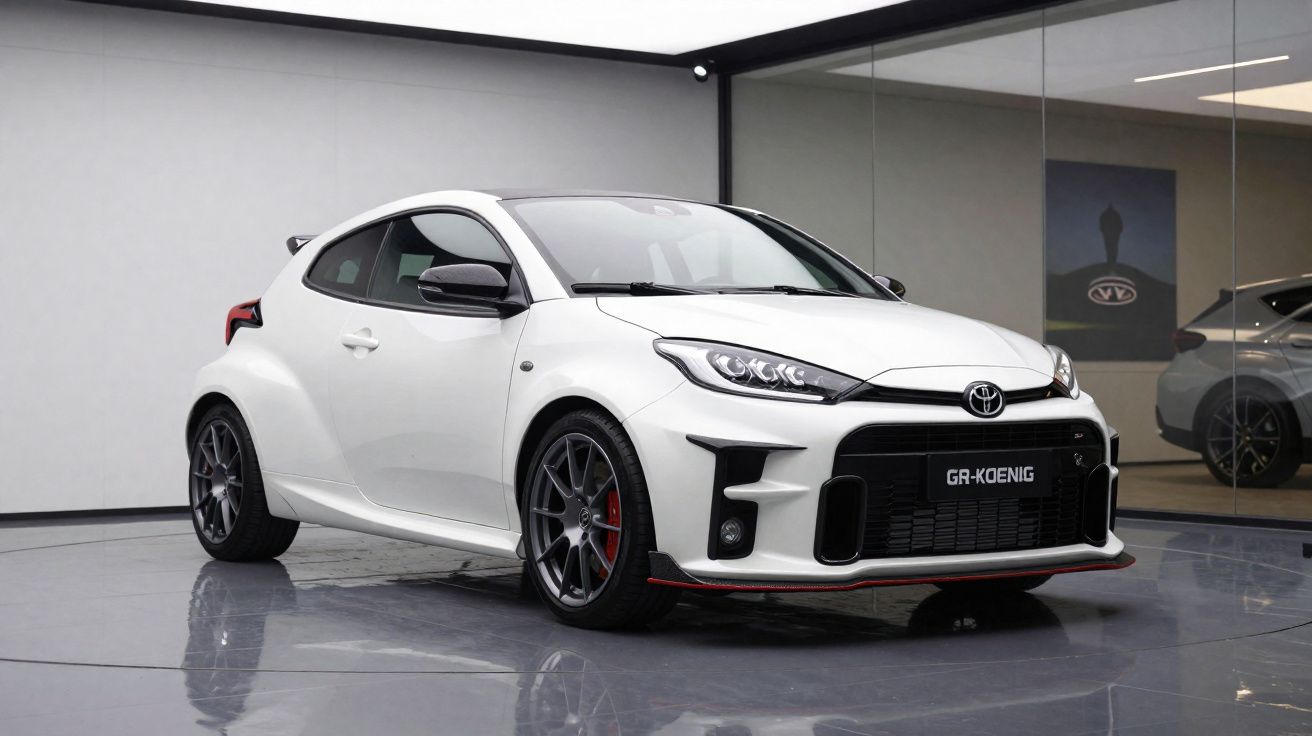 Voiture sportive blanche Toyota GR Yaris dans un showroom avec sol poli et murs clairs.