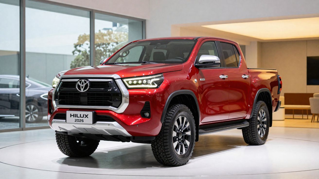 Pickup Toyota Hilux rouge modèle 2026 exposé dans un showroom moderne et lumineux.