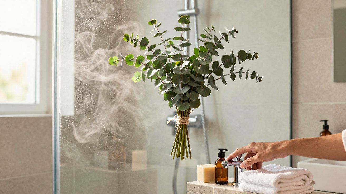 Bouquet d’eucalyptus suspendu dans une salle de bain moderne avec vapeur et main ajustant le robinet.