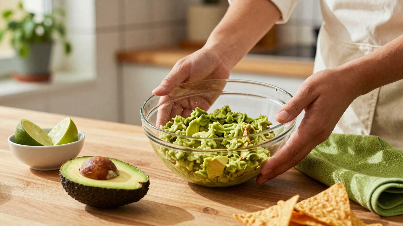 Main tenant un bol transparent rempli de guacamole frais, avocat coupé et chips de tortilla sur une table en bois.