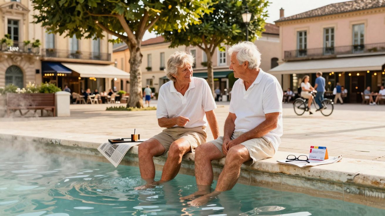 Deux hommes âgés discutant assis au bord d'une fontaine dans une place animée ensoleillée.
