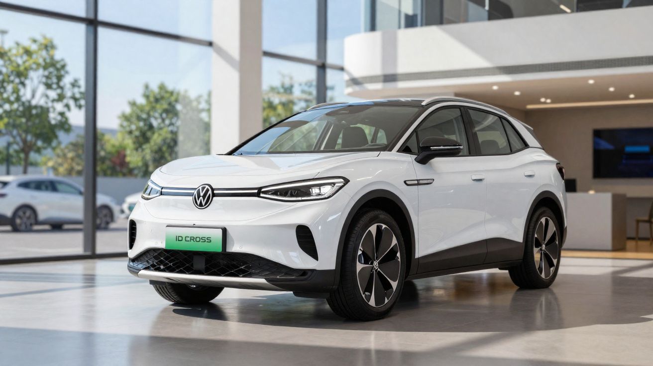 Voiture électrique Volkswagen ID. Cross blanche exposée dans un showroom moderne avec grandes baies vitrées.