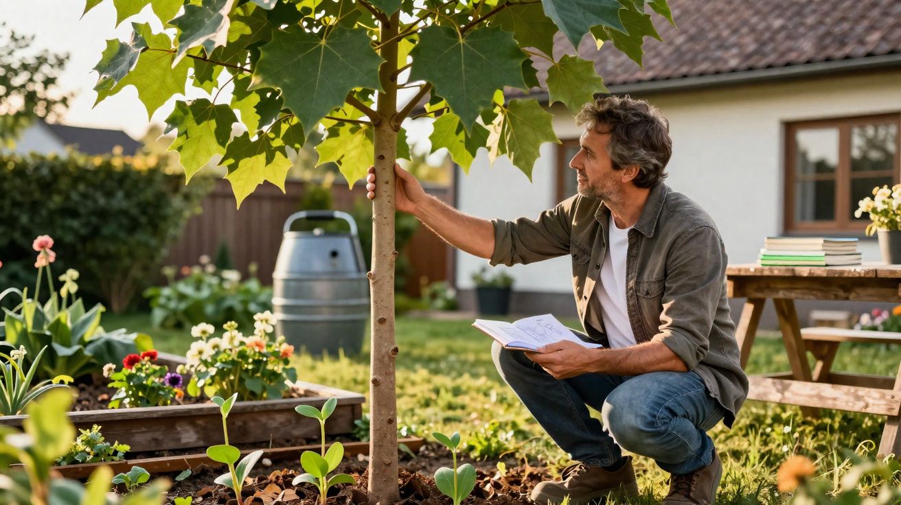 Homme examinant un jeune arbre dans un jardin avec des plantes et une maison en arrière-plan.