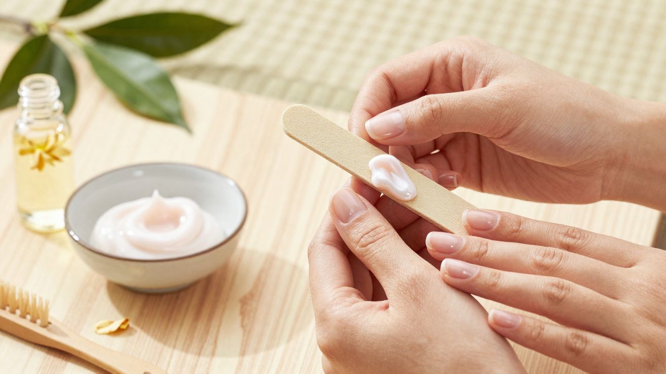 Mains appliquant de la crème sur une lime à ongles avec un bol de crème et une bouteille d'huile sur une surface en bois.