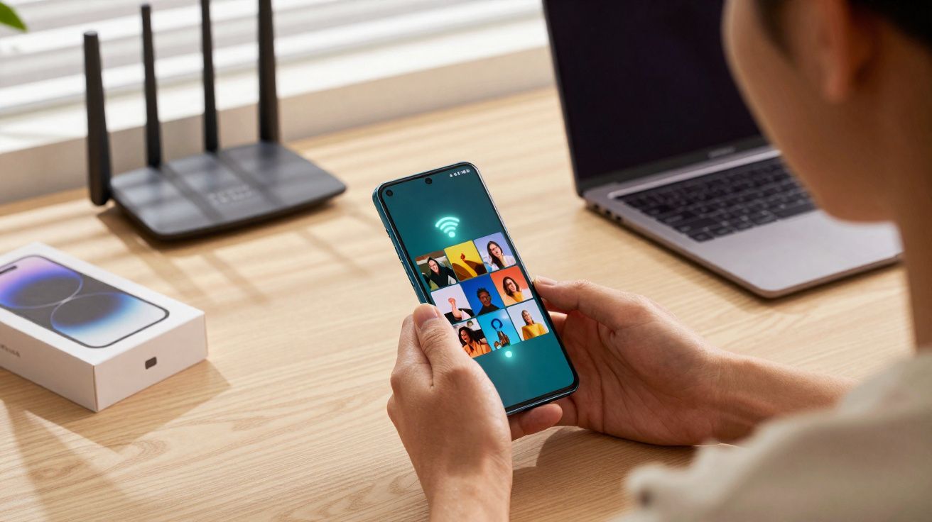Personne tenant un smartphone affichant une réunion vidéo, avec ordinateur portable et box internet en arrière-plan.