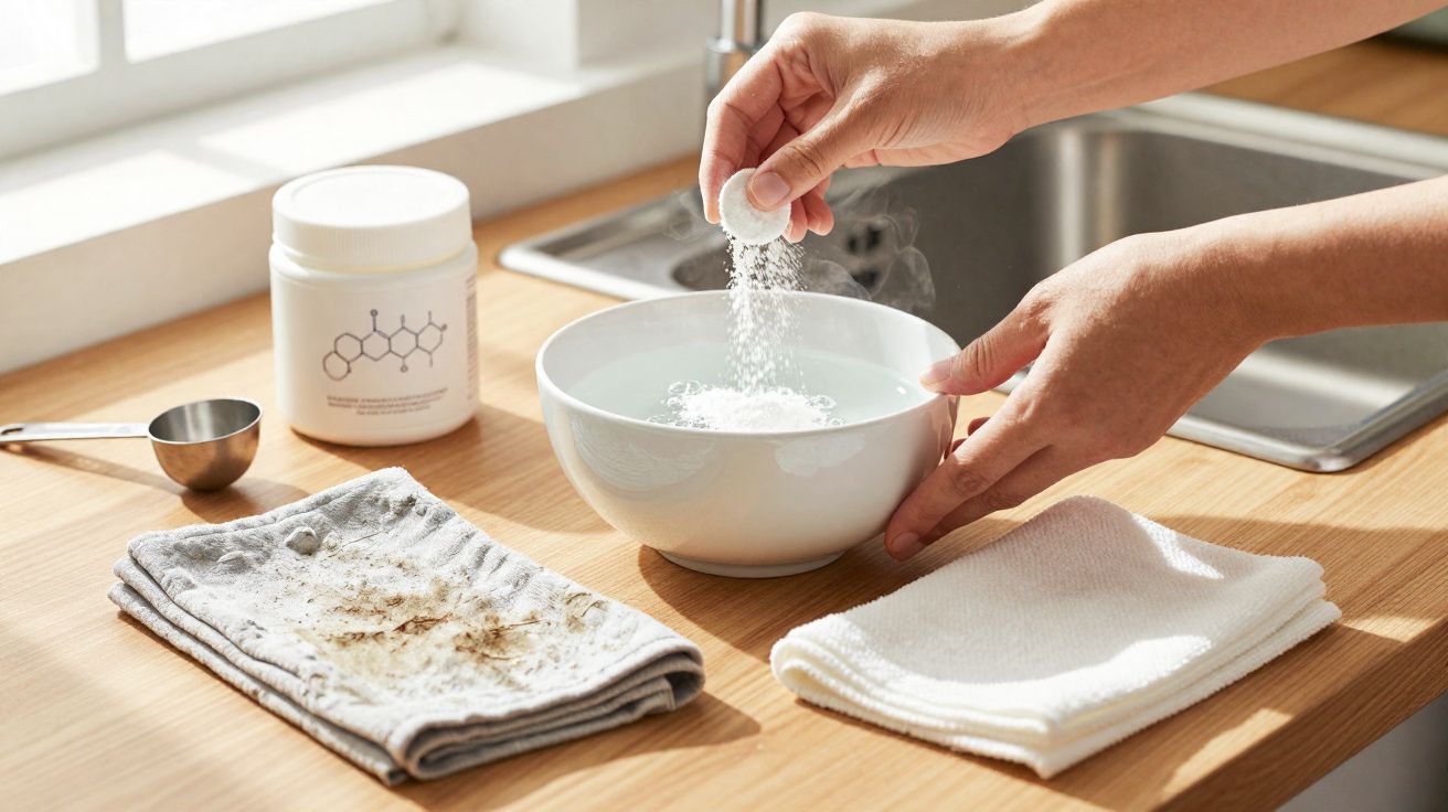 Mains versant de la poudre dans un bol d'eau chaude, avec chiffons sales et propres sur un plan de travail en bois.