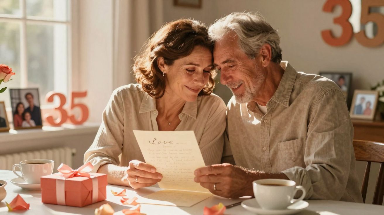 Couple âgé souriant lisant une lettre d'amour à table avec des cadeaux et décorations pour un anniversaire de 35 ans.