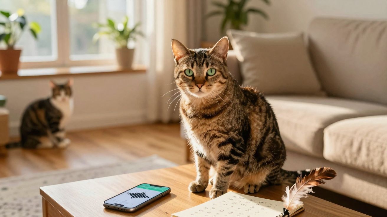 Chat tigré assis sur une table en bois près d'un téléphone et d'une plume, avec un autre chat en arrière-plan.