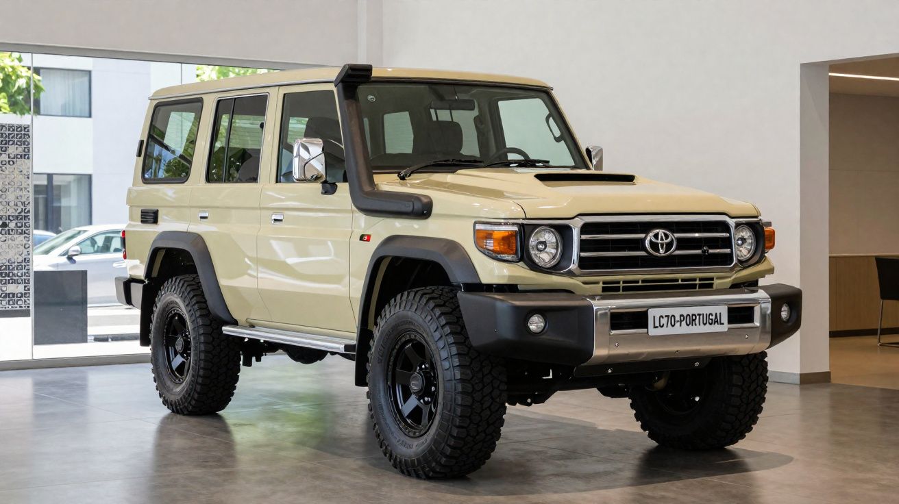 SUV tout-terrain beige Toyota Land Cruiser exposé dans un showroom moderne.
