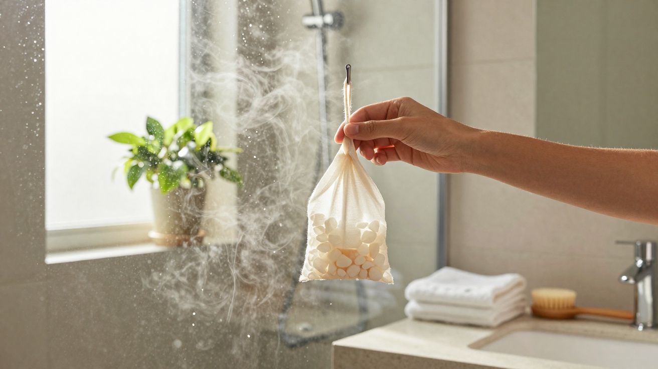 Main tenant un sac en tissu de pastilles parfumées devant une douche avec de la vapeur.