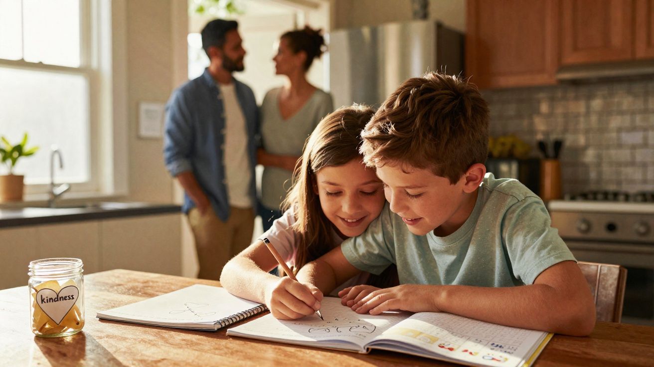 Deux enfants dessinent ensemble à une table de cuisine, un couple souriant discute en arrière-plan.