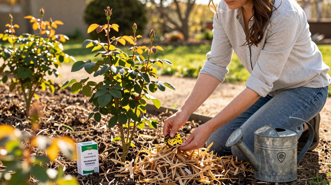 Femme jardinant autour d’un rosier avec paillis, arrosoir métallique et engrais bio à côté.