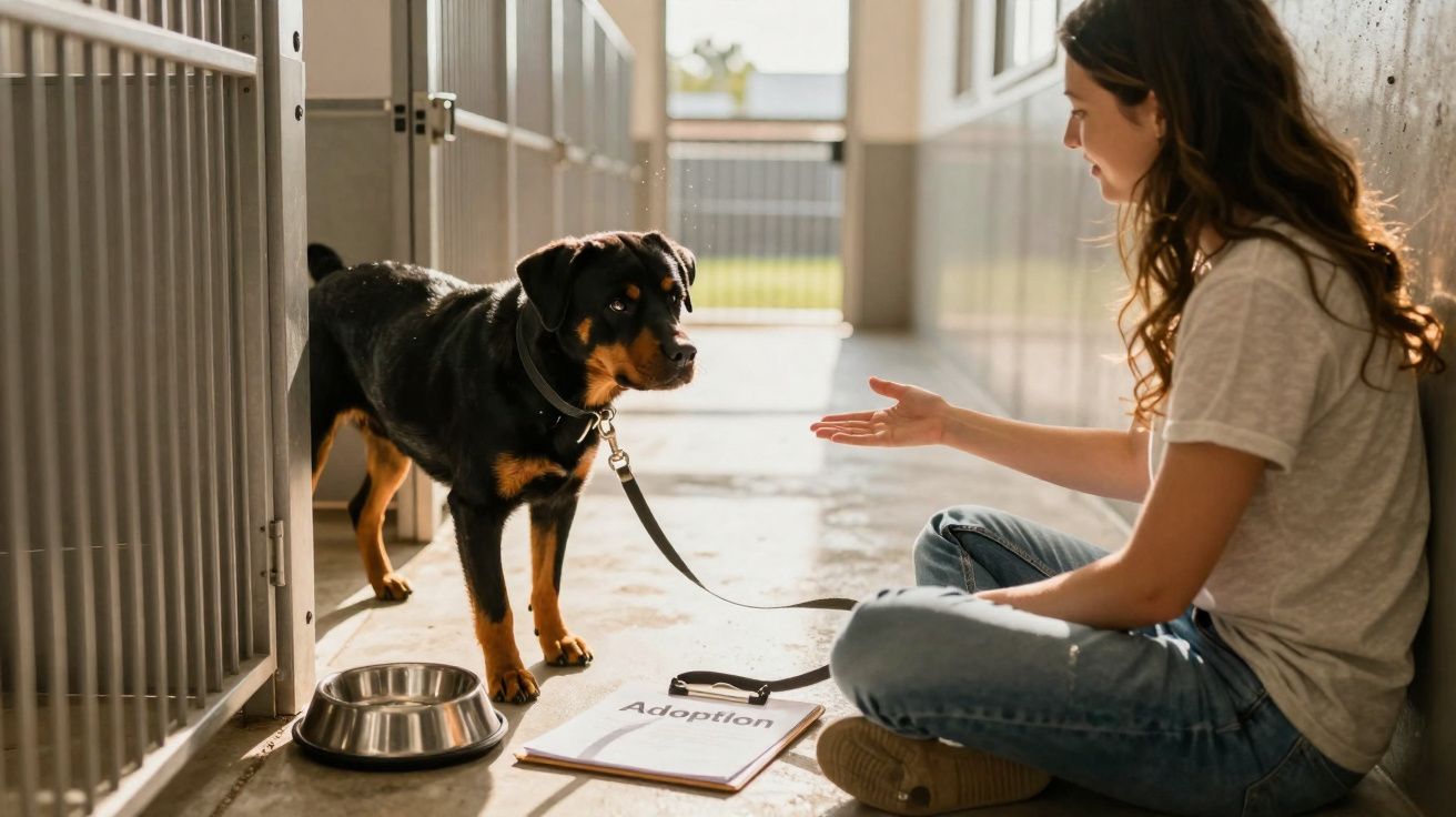 Une femme assise tend la main à un chien devant une cage, carnet d'adoption et gamelle posés au sol.