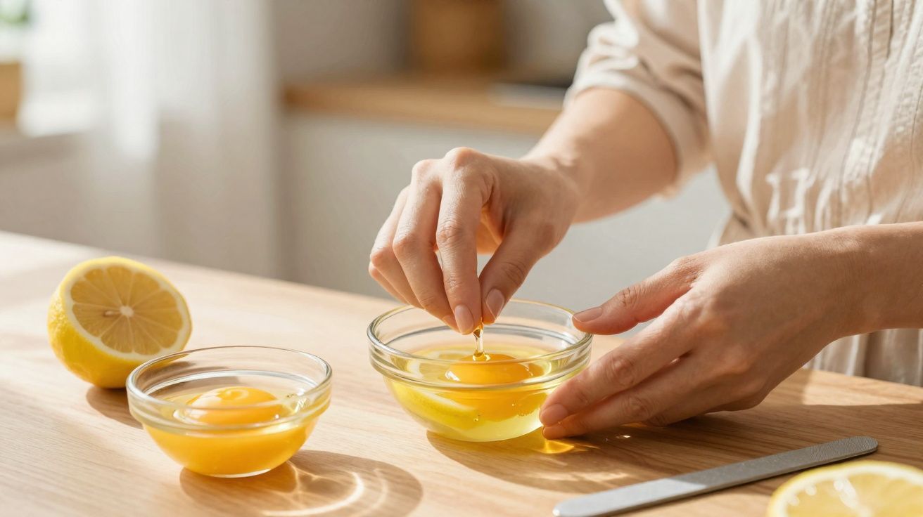 Personne séparant le blanc du jaune d'œuf dans un bol en verre sur une table en bois, citron coupé à côté.