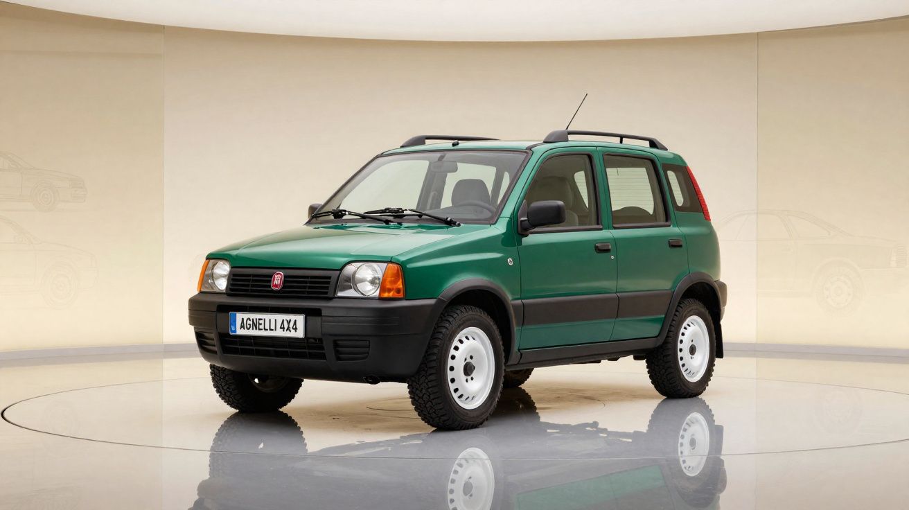 Petite voiture SUV verte Fiat 4x4 avec plaques immatriculation AGNELLI 4X4 dans un studio.