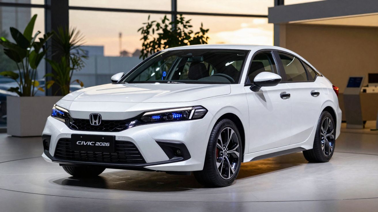 Voiture blanche Honda Civic 2026 exposée en intérieur avec éclairage tamisé et plantes en arrière-plan.
